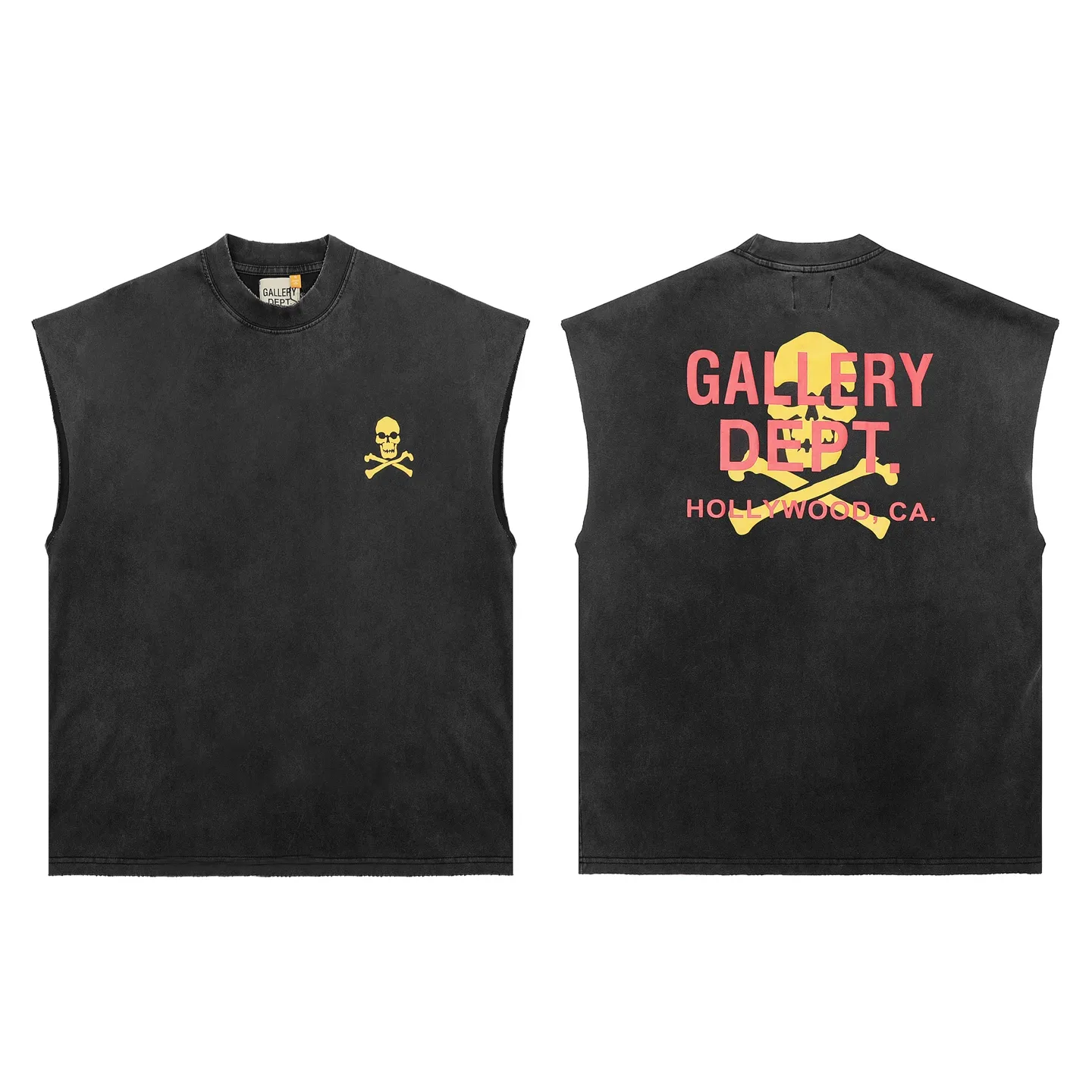 pt model number #G1015 P116 GALLERY DEPT. Old and frayed sleeveless waistcoat short sleeves. Skull print on the front and back. Made of 280G double yarn pure cotton. The fabric is comfortable and stylish. After washing and distressing, the upper body becomes more fashionable and cool. The collar and hem are frayed. The US version is too large. Color: washed black. Size S/M/L/XL